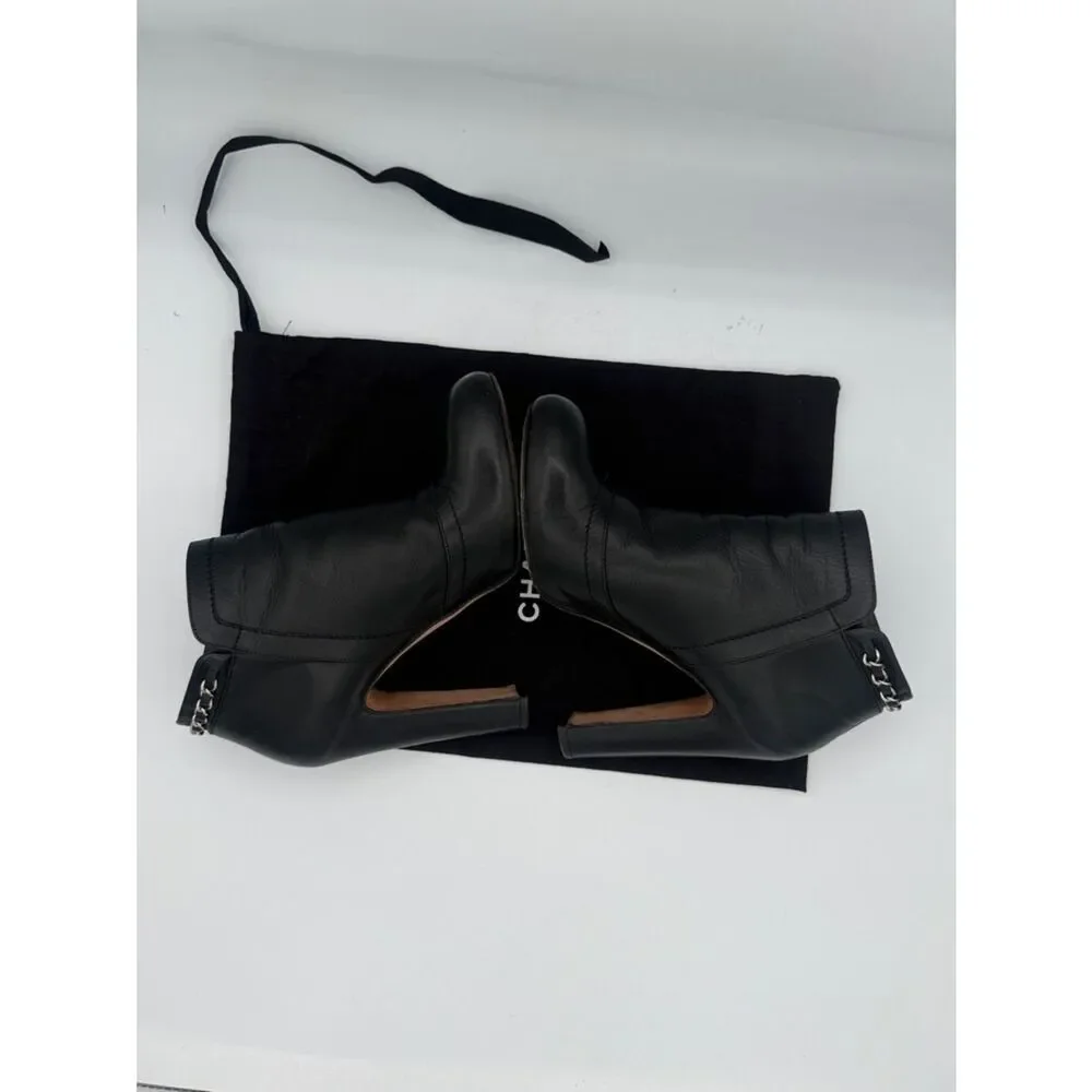 Chanel Black Leather Chain Details Ankle Booties US 8